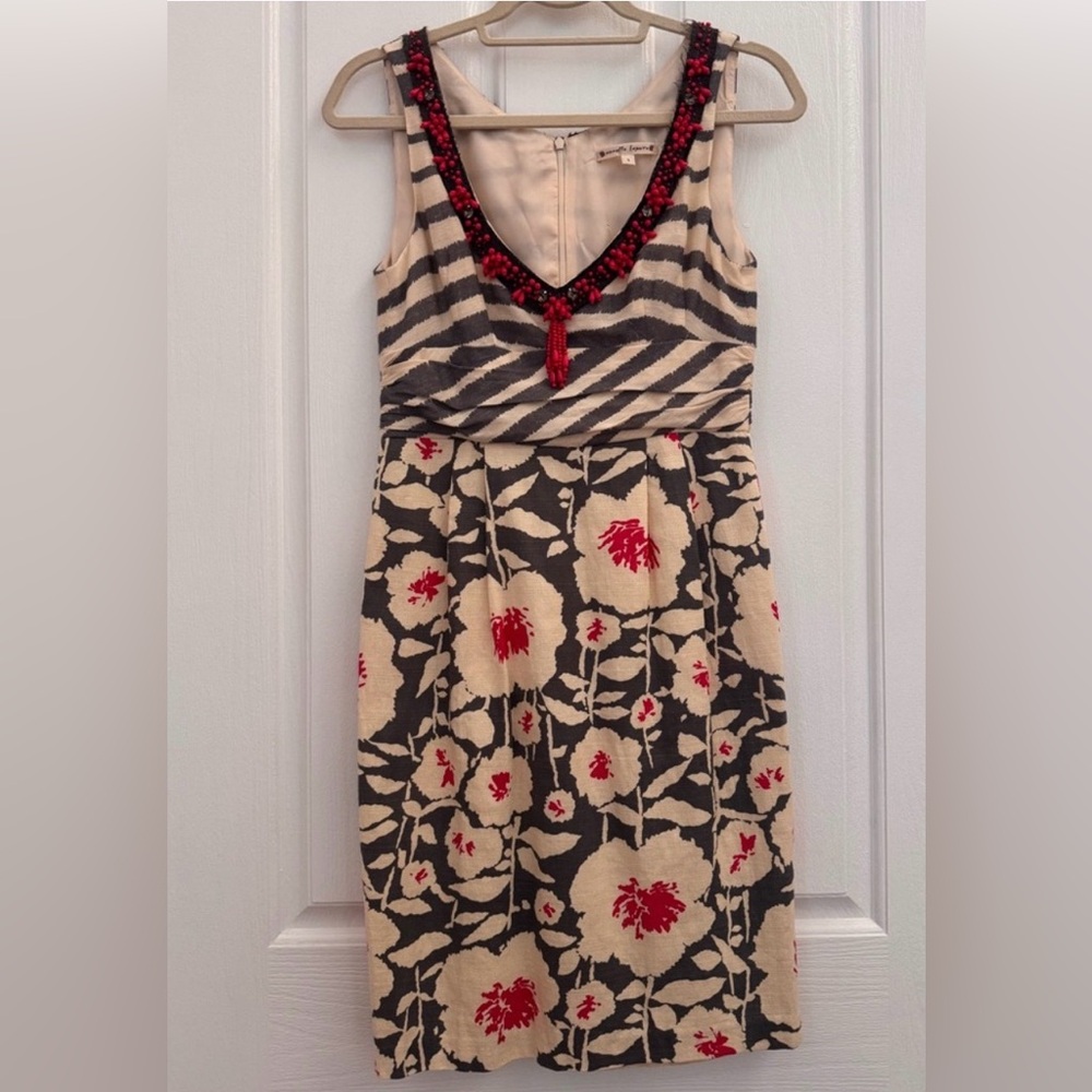 Vintage Nanette Lepore Beige, Black & Red Beaded Floral Mini Dress